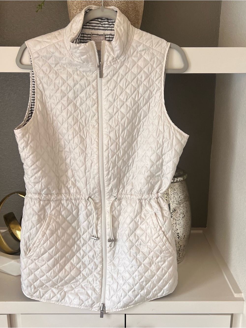 Chico's Champagne color  Quilted Drawstring Waist Vest with Stand Collar